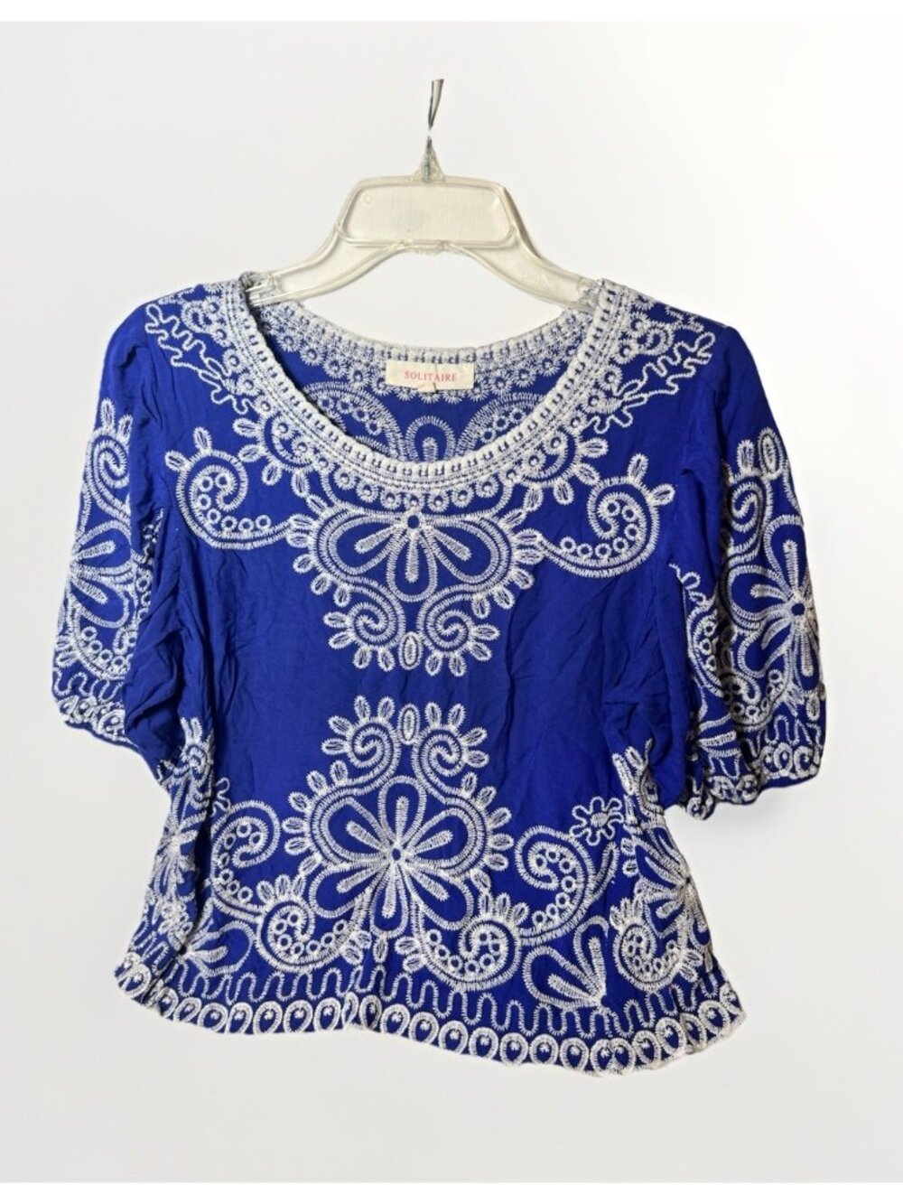 Anthropologie Solitaire Blue Cream Floral Embroidered Boho Top Blouse L.      T